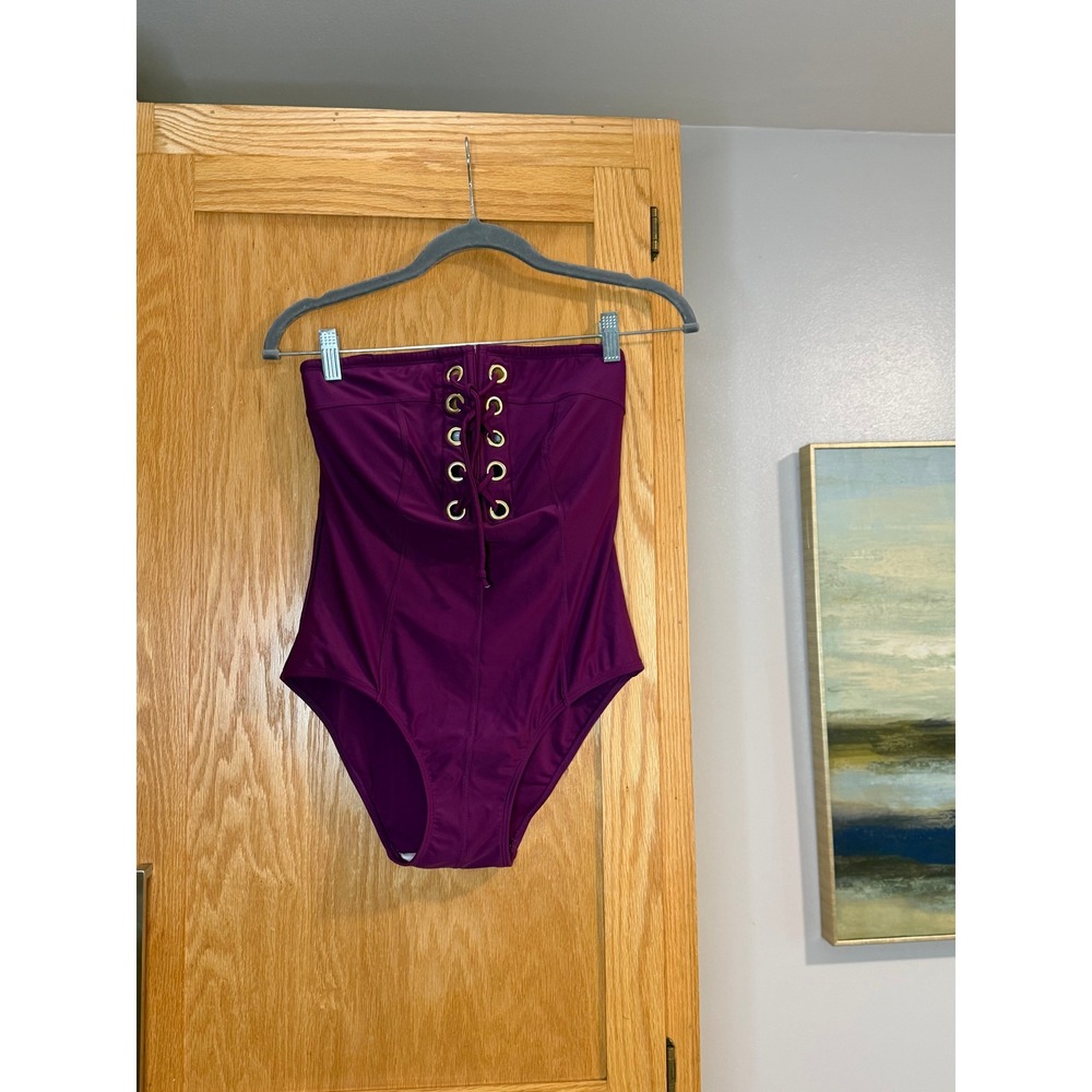 Venus Strapless Lace Up Front Swim suit Purple Gold Grommet Retro Style